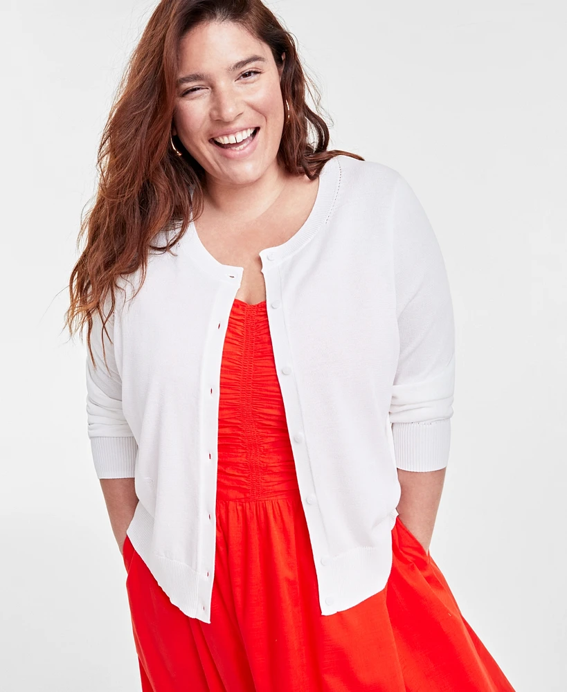 On 34th Trendy Plus Size Pointelle-Trim Cardigan, Created for Macy's