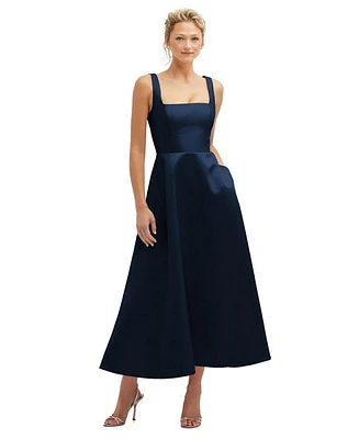 Square Neck Satin Midi Dress with Full Skirt & Pockets