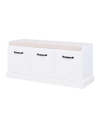 Simplie Fun Wooden Entryway Shoe Cabinet Living Room Storage Bench With White Cushion