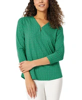 Jones New York Petite Printed Moss Crepe 3/4-Sleeve V-Neck Top