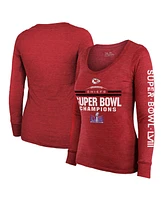 Women's Majestic Red Kansas City Chiefs Super Bowl Lviii Champions Goal Line Stand Scoop Neck Tri-Blend Long Sleeve T-shirt