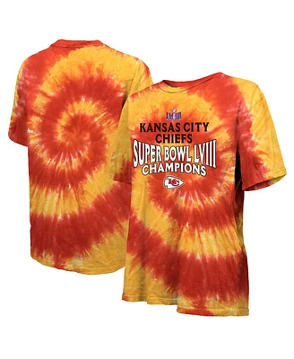 Women's Majestic Red, Yellow Kansas City Chiefs Super Bowl Lviii Champions Oversized Tie-Dye T-shirt