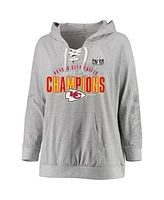 Women's Fanatics Heather Gray Kansas City Chiefs Super Bowl Lviii Champions Plus Size Prestigious Run Long Sleeve Lace-Up Hoodie