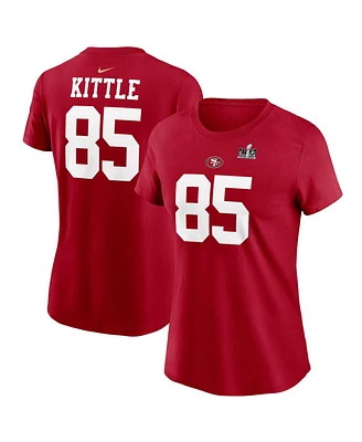 Women's Nike George Kittle Scarlet San Francisco 49ers Super Bowl Lviii Patch Player Name and Number T-shirt