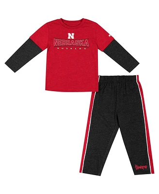 Toddler Boys and Girls Colosseum Scarlet, Black Nebraska Huskers Long Sleeve T-shirt Pants Set