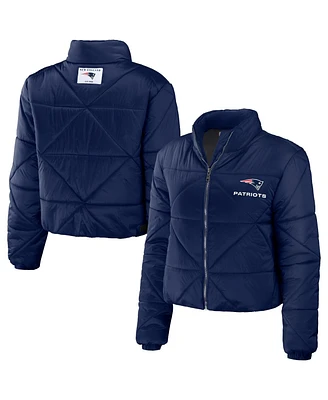 Women's Wear by Erin Andrews Navy New England Patriots Cropped Puffer Full-Zip Jacket