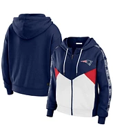 Women's Wear by Erin Andrews Navy, White New England Patriots Color Block Light Weight Modest Crop Full-Zip Hoodie