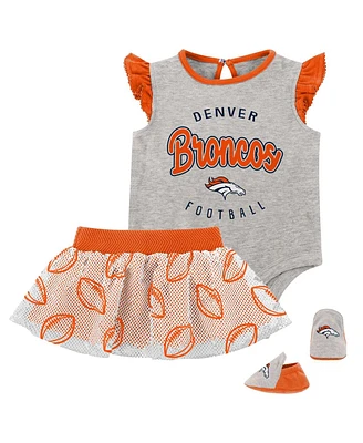 Baby Girls Heather Gray, Orange Denver Broncos All Dolled Up Three-Piece Bodysuit, Skirt and Booties Set