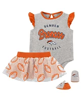 Baby Girls Heather Gray, Orange Denver Broncos All Dolled Up Three-Piece Bodysuit, Skirt and Booties Set