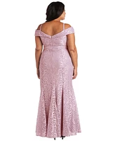 R & M Richards Plus Size Off-The-Shoulder Lace Gown