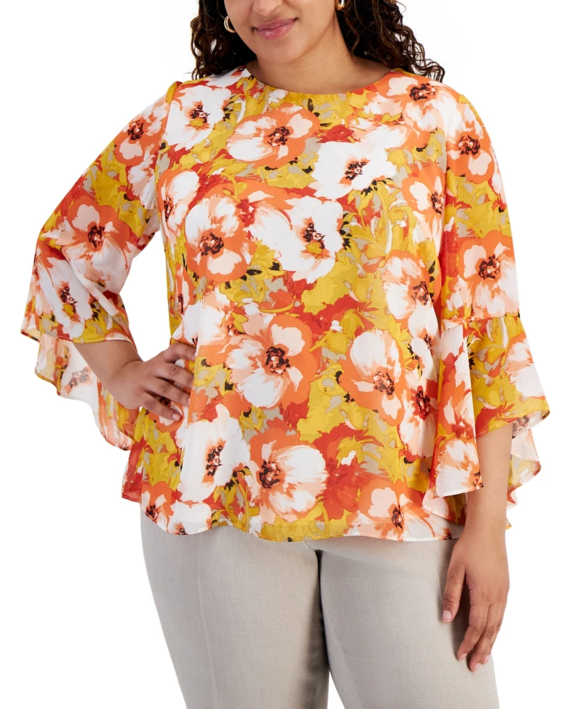 Kasper Plus Size Printed Ruffled 3/4-Sleeve Top