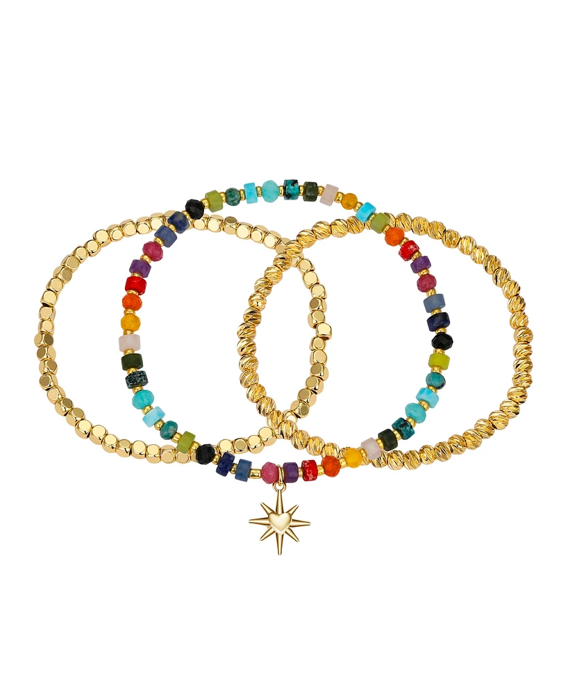 Unwritten Multi Color Stone and 14K Gold Plated Heart Stretch Bracelet Set