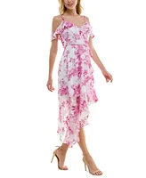 Bcx Juniors' Floral Jacquard Print Asymmetric Ruffled Dress