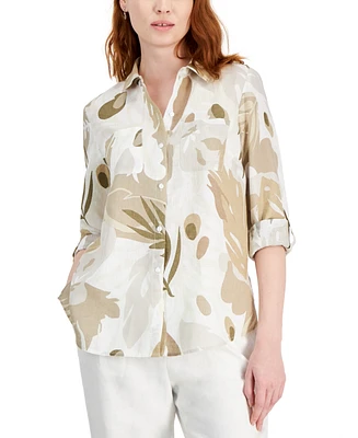 Charter Club Women's 100% Linen Roll-Tab Button Shirt, Created for Macy's