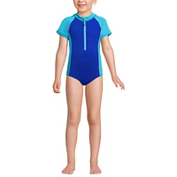 Lands' End Girls Chlorine Resistant Short Sleeve One Piece Half Zip Swimsuit