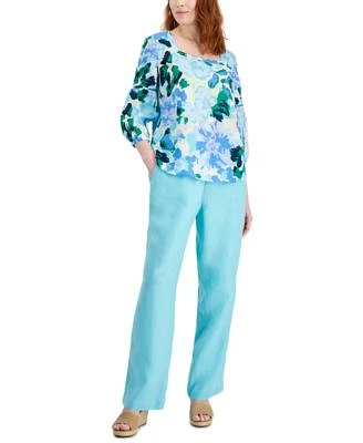 Charter Club Womens Printed Square Neck Linen Top Matching Drawstring Waist Linen Pants Created For Macys