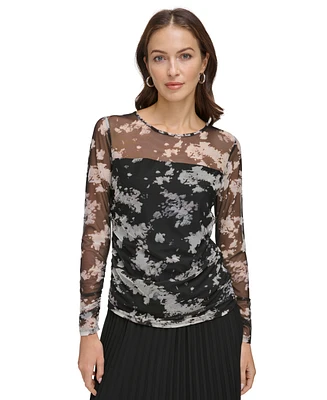 Dkny Women's Printed Mesh Ruched Long-Sleeve Top