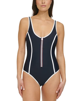 Tommy Hilfiger Women's Seamed One-Piece Zip-Up Swimsuit