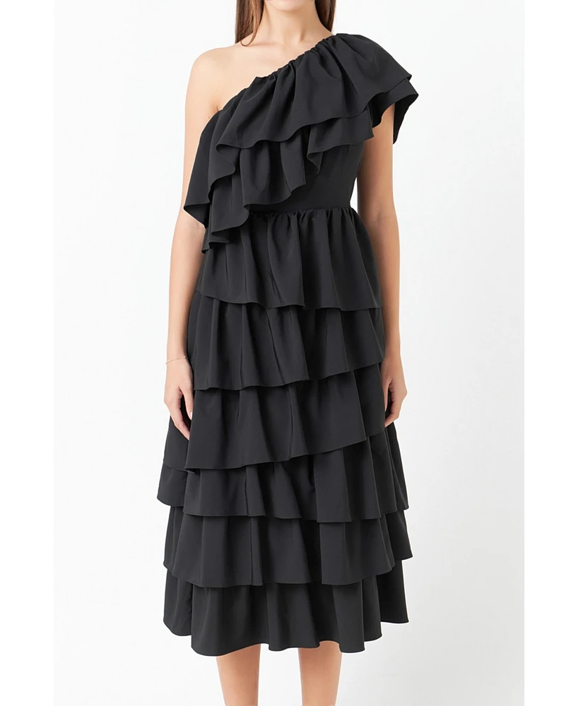 Women's One Shoulder Tiered Midi Dress