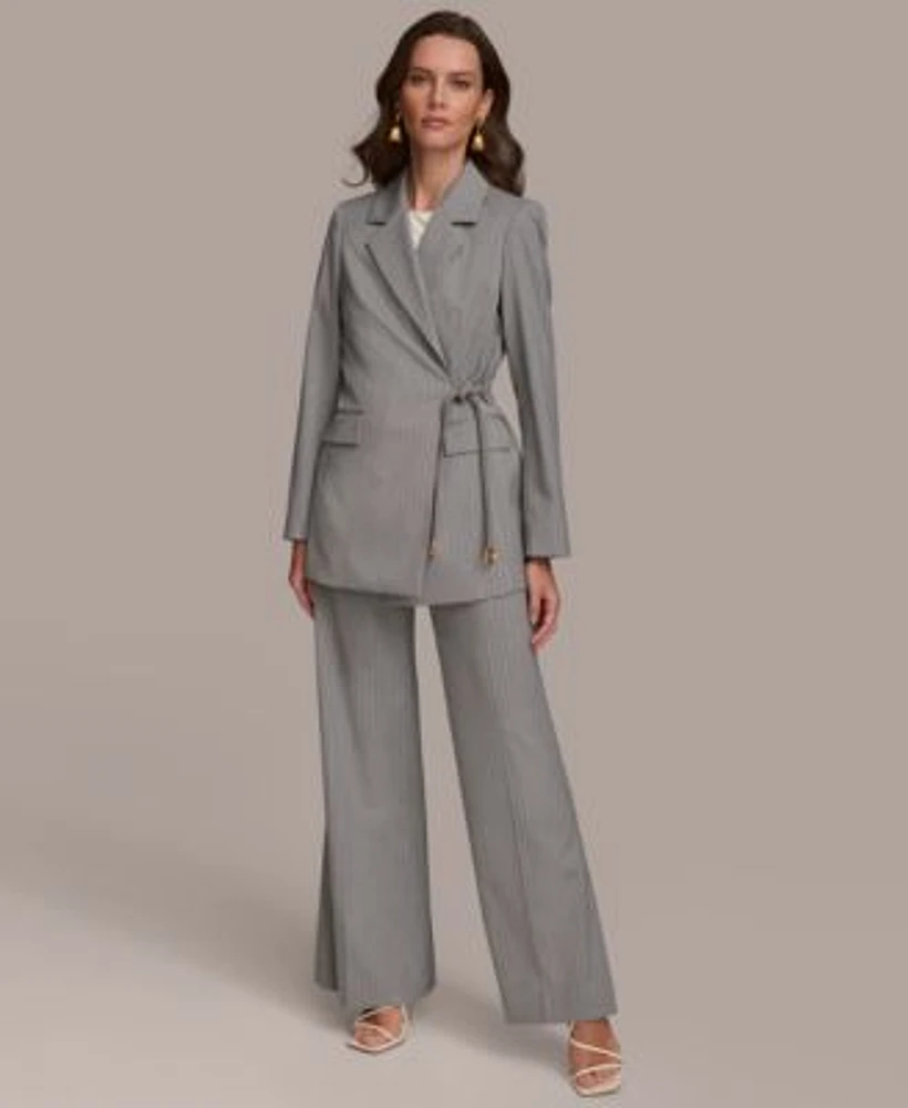 Donna Karan Womens Pinstripe Tie Waist Blazer Wide Leg Pants
