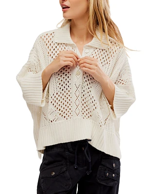 Free People Women's To The Point Cotton Crochet Polo Shirt