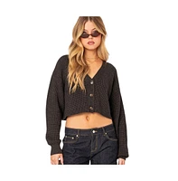 Women's Oversized waffle knit cropped cardigan - Dark