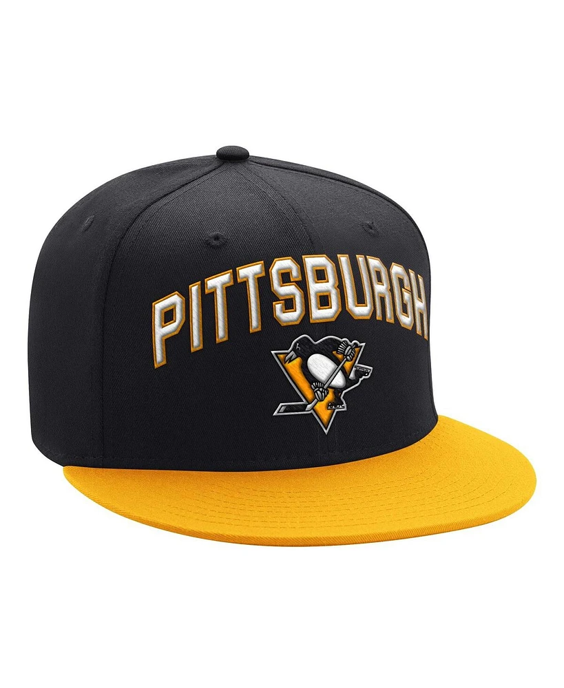 Men's Starter Black, Gold Pittsburgh Penguins Arch Logo Two-Tone Snapback Hat