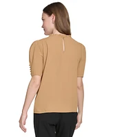 Calvin Klein Petite Pleated Mock-Neck Puff-Sleeve Top