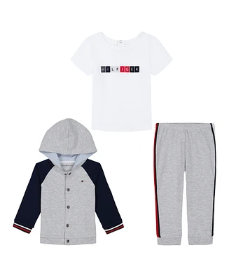 Tommy Hilfiger Baby Boys Short Sleeve Logo T-shirt, Color Block Snap-Front Hoodie and Joggers, 3-pc Set