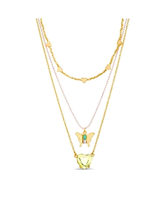 kensie Gold-Tone 3 Piece Layered Necklace Set with Heart and Butterfly Charm Pendants