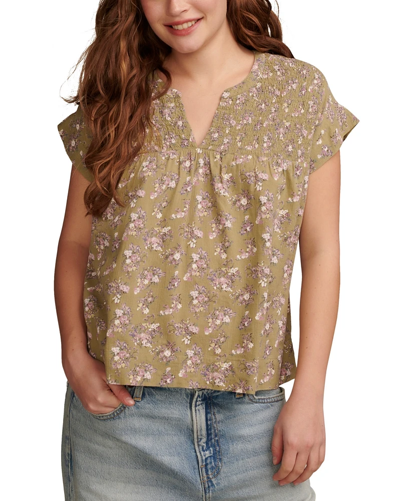 Lucky Brand Women's Printed Smocked Short-Sleeve Top