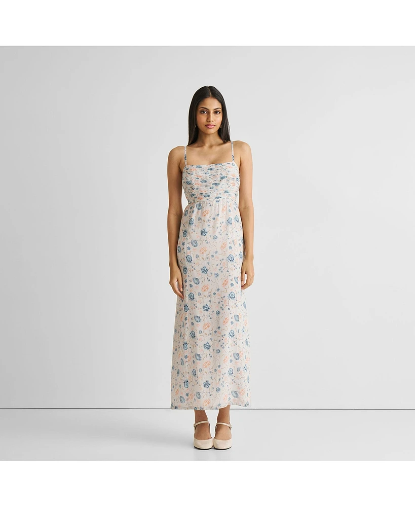 Reistor Women's Ruched Floral Strappy Maxi Dress