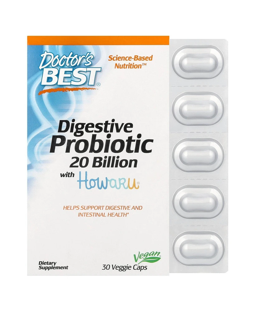 Doctor's Best Digestive Probiotic 20 Billion with Howaru - 30 Veggie Caps - Assorted Pre