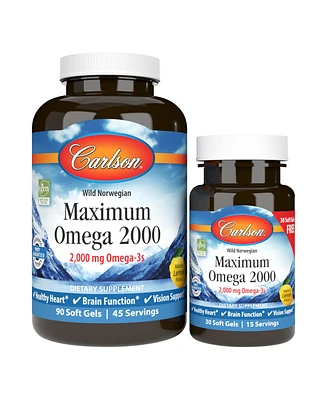 Carlson - Maximum Omega 2000, 2000 mg Omega-3s, Norwegian, Wild Caught, Sustainably Sourced, Lemon, Bonus Bottle, 90 + 30 Softgels - Assorted Pre