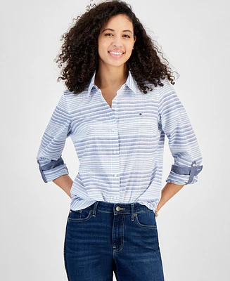 Tommy Hilfiger Women's Beach Stripe Cotton Roll-Tab Shirt