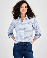 Tommy Hilfiger Women's Beach Stripe Cotton Roll-Tab Shirt