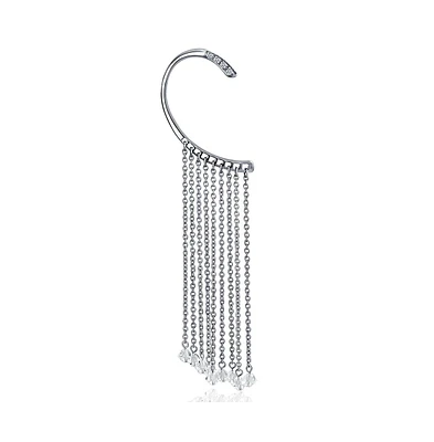 Right Fashion Fringe Tassel Cascade Fake Cartilage Cuff Hook Ear Wrap Earring Crystal Silver Tone Stainless Steel 316L