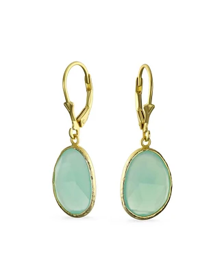 Elegant Oval Faceted Pastel Stone Dangle Bezel Set: Lever Back Earrings Mint Green Simulated Chalcedony 14K Gold-Plated.925 Sterling Silver