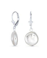 Bling Jewelry Baroque Irregular Round Coin Shaped White Biwa Coin Freshwater Cultured Pearl Dangle Earrings For Women Sterling Silver Lever back