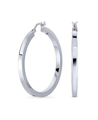 Simple Large Round Flat Square Tube Big Hoop Earrings For Women .925 Sterling Silver Hinged Notched Post 1.65 Inch Diameter