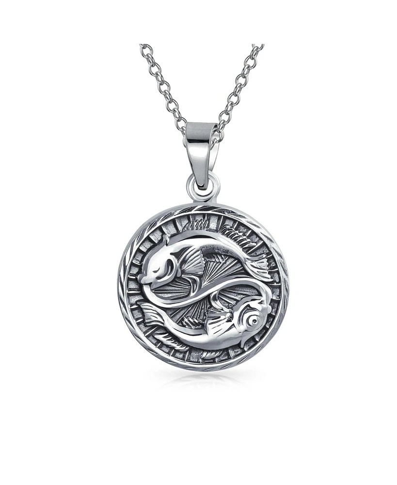 Bling Jewelry Pisces Zodiac Sign Astrology Horoscope Round Medallion Pendant For Women Necklace Sterling Silver