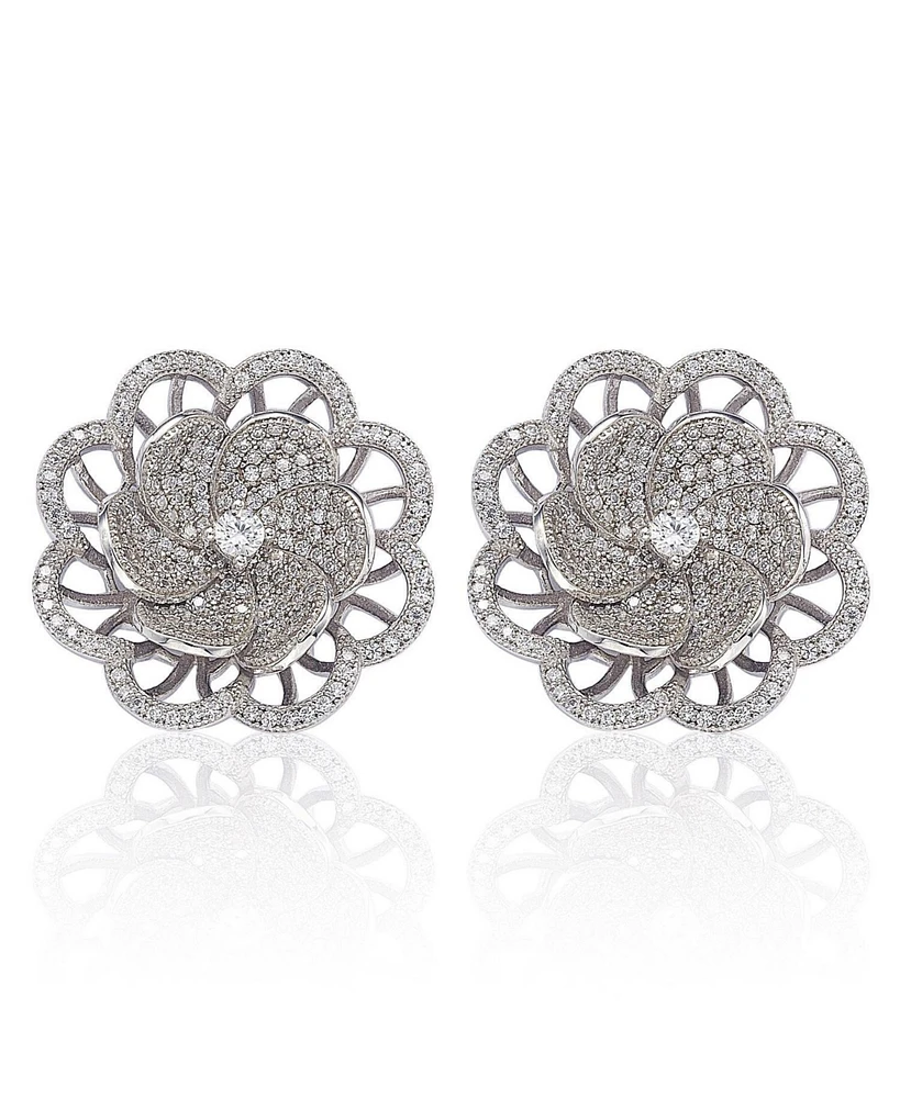 Suzy Levian New York Suzy Levian Sterling Silver Cubic Zirconia Large Pave Flower Stud Earrings