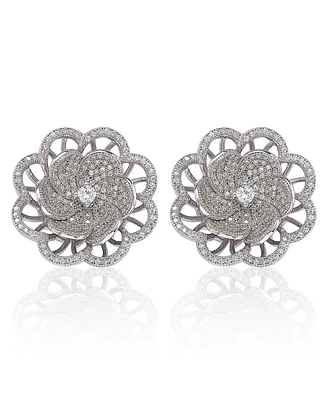 Suzy Levian Sterling Silver Cubic Zirconia Large Pave Flower Stud Earrings