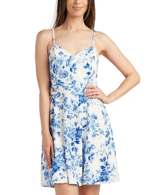Bcx Juniors' Printed Strappy-Back Eyelet Fit & Flare Dress