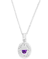 Amethyst (1-1/20 ct. t.w.) & Lab-Grown White Sapphire (1/2 Oval Halo Birthstone Pendant Necklace Sterling Silver, 16" + 2" extender (Also