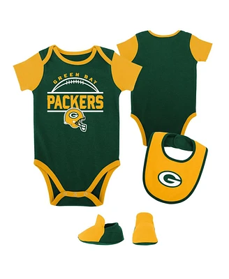 Baby Boys and Girls Green, Gold Green Bay Packers Home Field Advantage Three-Piece Bodysuit, Bib Booties Set