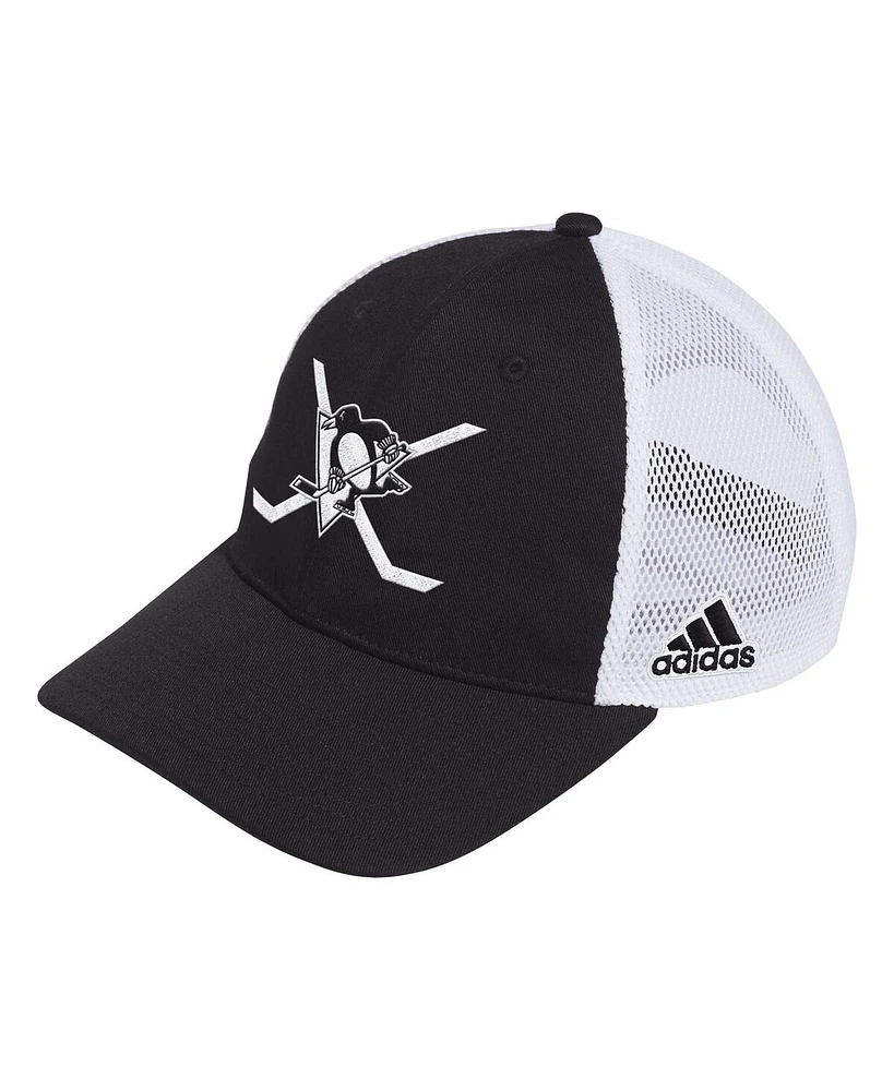 Men's adidas Black, White Pittsburgh Penguins Cross Sticks Trucker Adjustable Hat