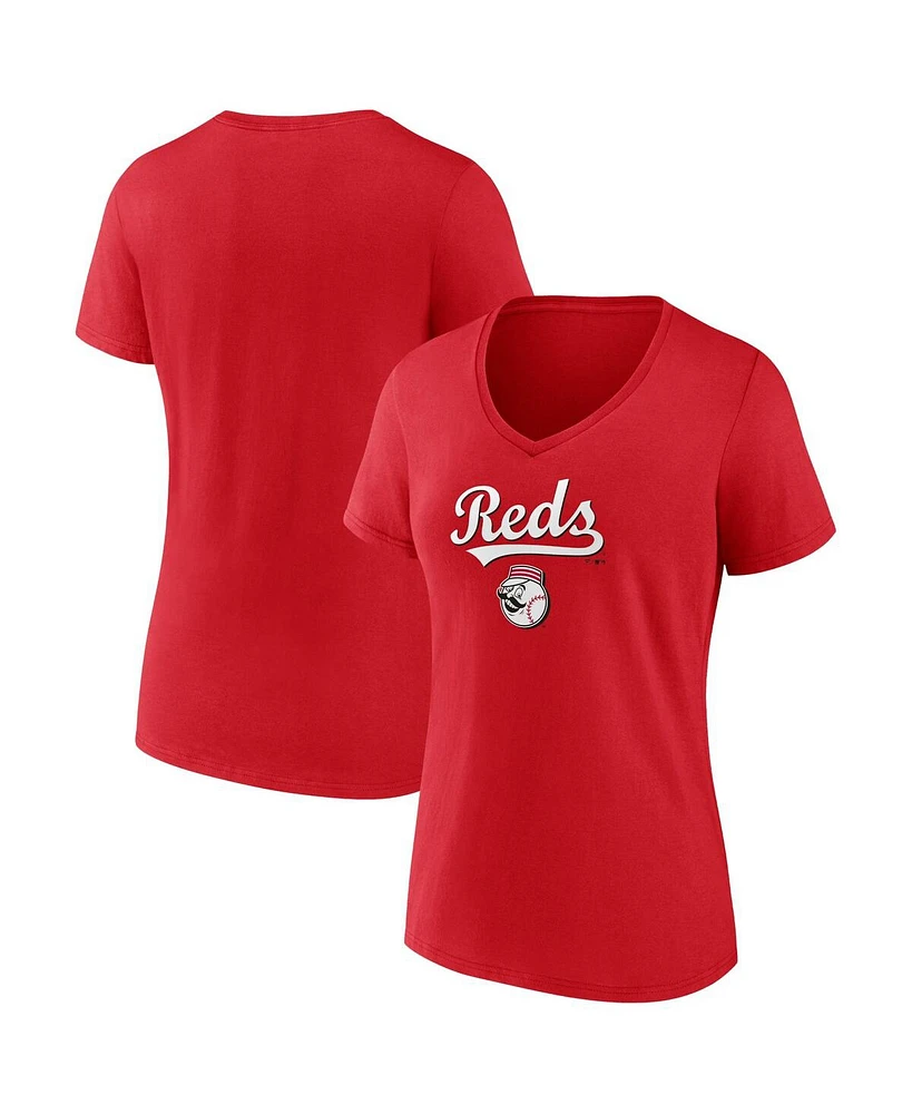 Women's Fanatics Red Cincinnati Reds Team Lockup V-Neck T-shirt