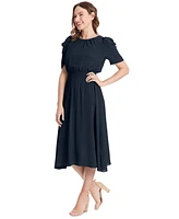 London Times Petite Ruched-Sleeve Smocked-Waist Dress