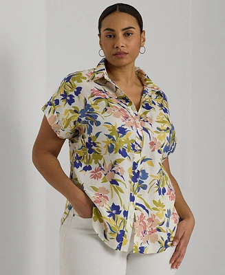 Lauren Ralph Lauren Plus Size Linen Cuffed Short-Sleeve Shirt